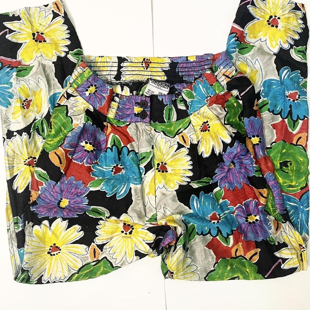 Vintage 1990s colorful vibrant funky flower soft silk pants